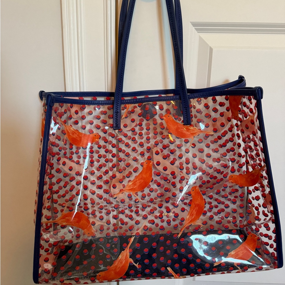 Tory Burch Clear Tote with Orange and Blue Bird Design
